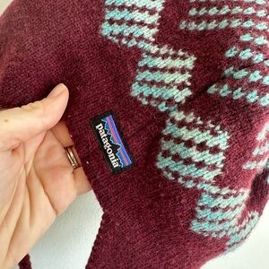 Patagonia Burgundy and Teal Ear Flap Wool Beanie with Fleece Lining